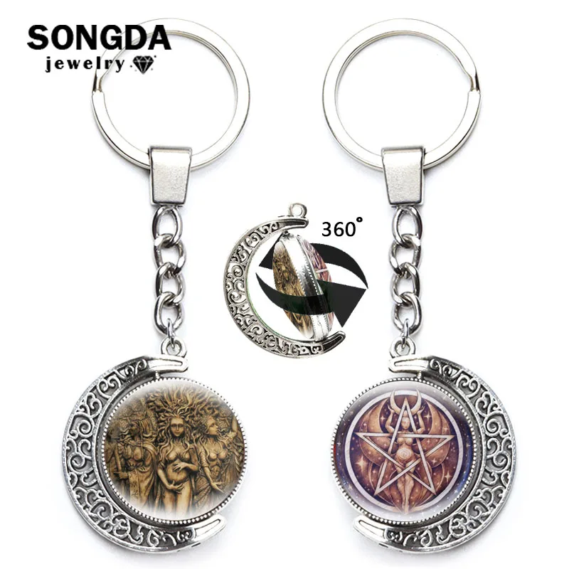 

360 Degrees Rotated Keychain Wiccan Vintage Statue Of Triple Moon Goddess Amulet Moon Glass Pendant Pentagram Keyring Charm Gift