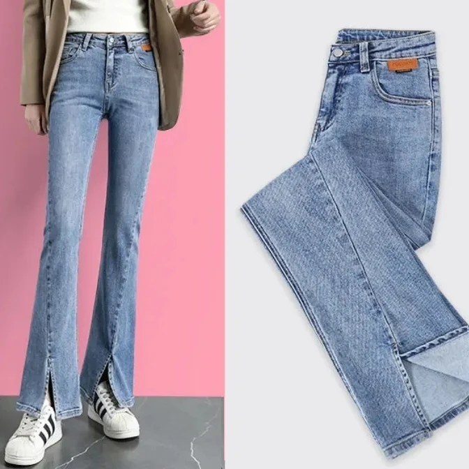 

High-waisted elastic jeans women's spring autumn 2021 new slim hin broad legs drooping feeling open fork horn pants