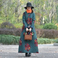 free shipping 2021 new chinese style cotton long maxi women long sleeve loose dress winter thick warm dress flower print o neck