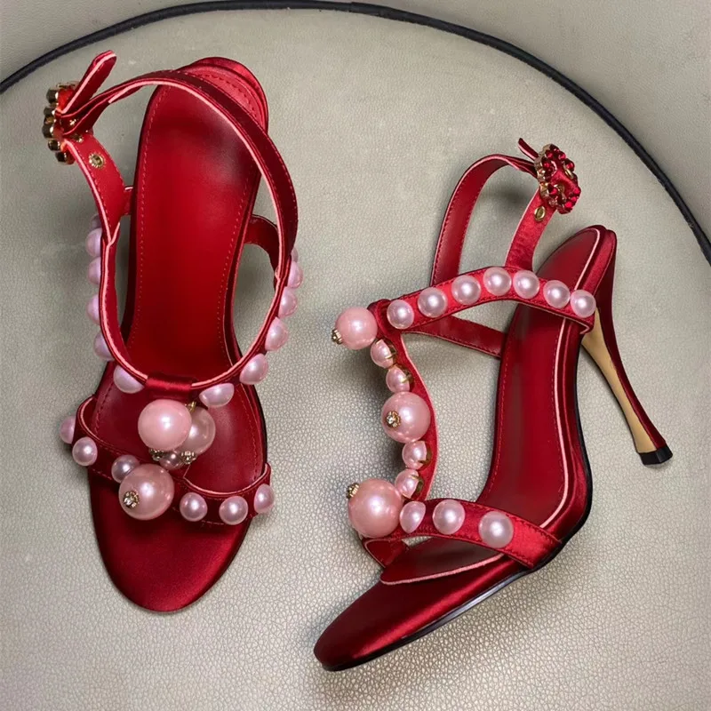 

2020 Summer Runways pearls beading high heeled shoes Fashion women's high quality high heels sandals EU35-42 size BY820