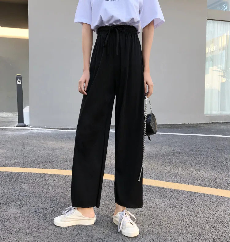 

Women Summer Casual Elastic Waist Wide Leg Lace-up Pants Straight Trouser Female Ankle-length Pants Solid Ice High Waist Pants
