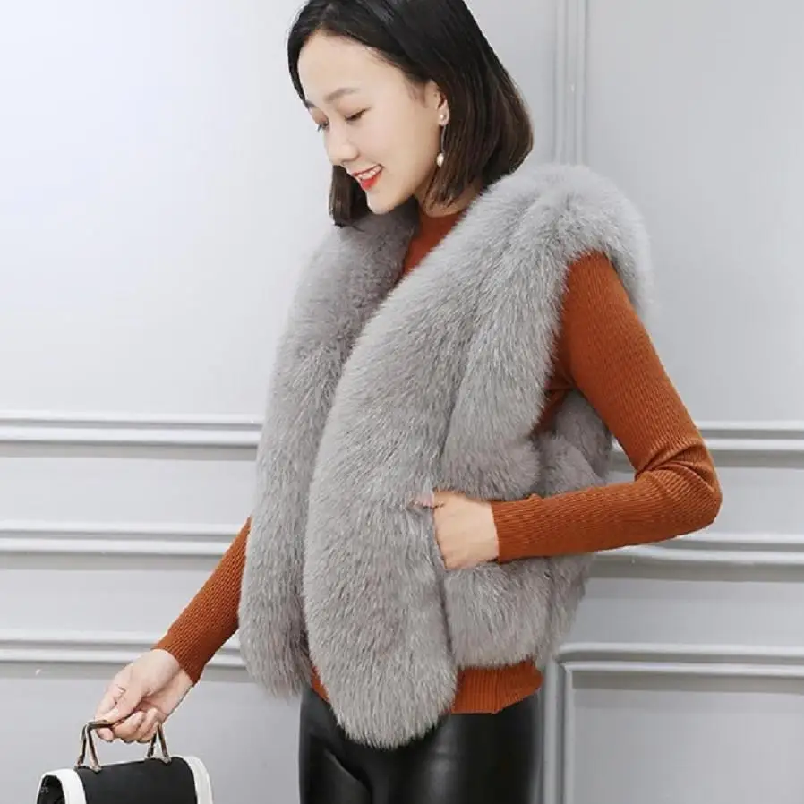 

Winter women's jacket Faux fur Vest coat Fake Fox Fur waist patchwork fur thicken warm short jacket sleeveless outwear L1696