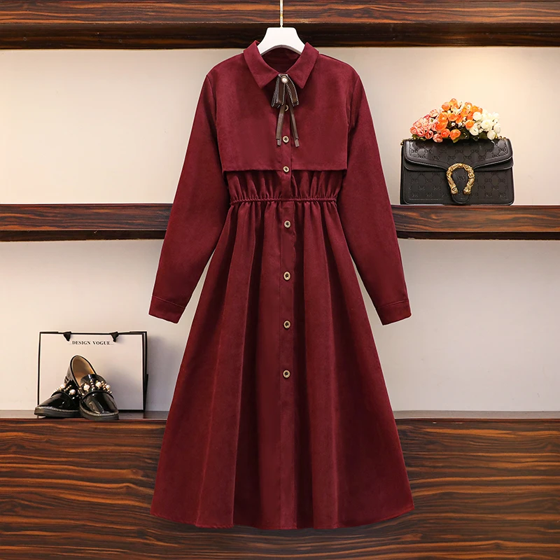 

Large size Fashion Dress women's dress 2021 spring new fat sister retro high waist slim bow long sleeve long dress