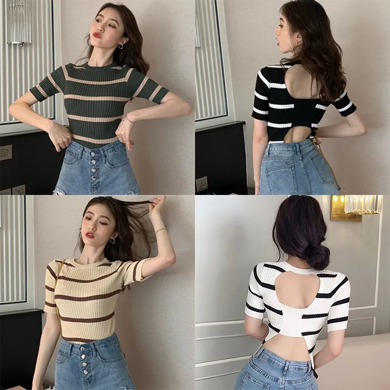 

Hot Sale Women Summer Casual Tshirt Striped O-Neck Backless Slim Knitted Short Sleeve T-Shirt Pullover Tee