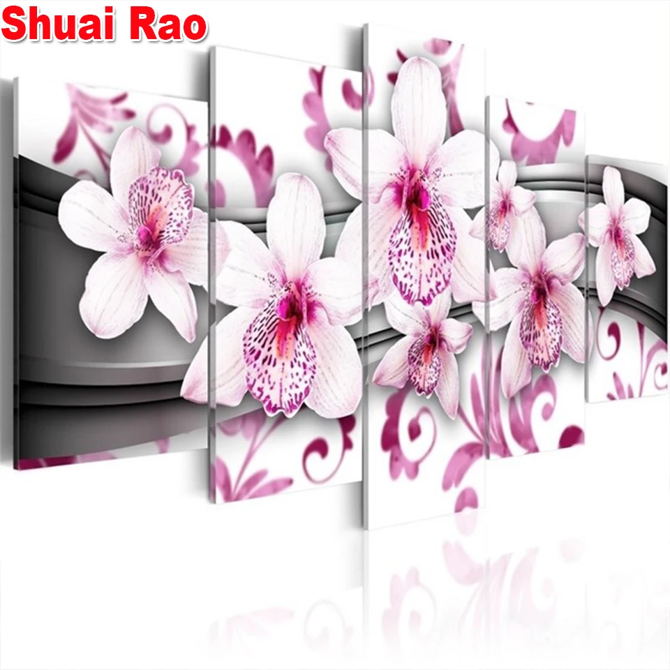 

Алмазная вышивка, 5 шт., картина из страз с изображением распустившихся цветов, квадратные и круглые сверла, искусственный декор стен,