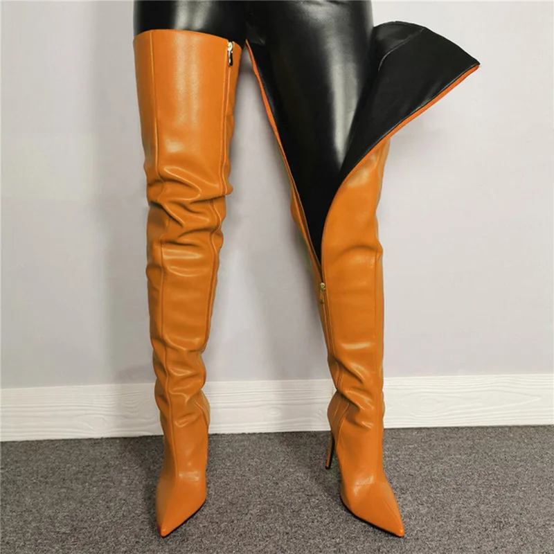 Colorful Pu Leather Women Thigh High Boots Lady Pointed Toe Over The Knee Heels Fashion Zip Slip On Female's Long | Обувь
