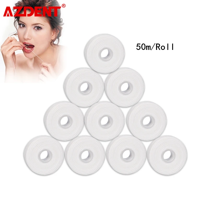 

AZDENT 10 Rolls Dental Flosser Built-in Spool Wax Mint Flavored Europe Replacement Flat Wire Dental Floss 50M/Roll Total 500M