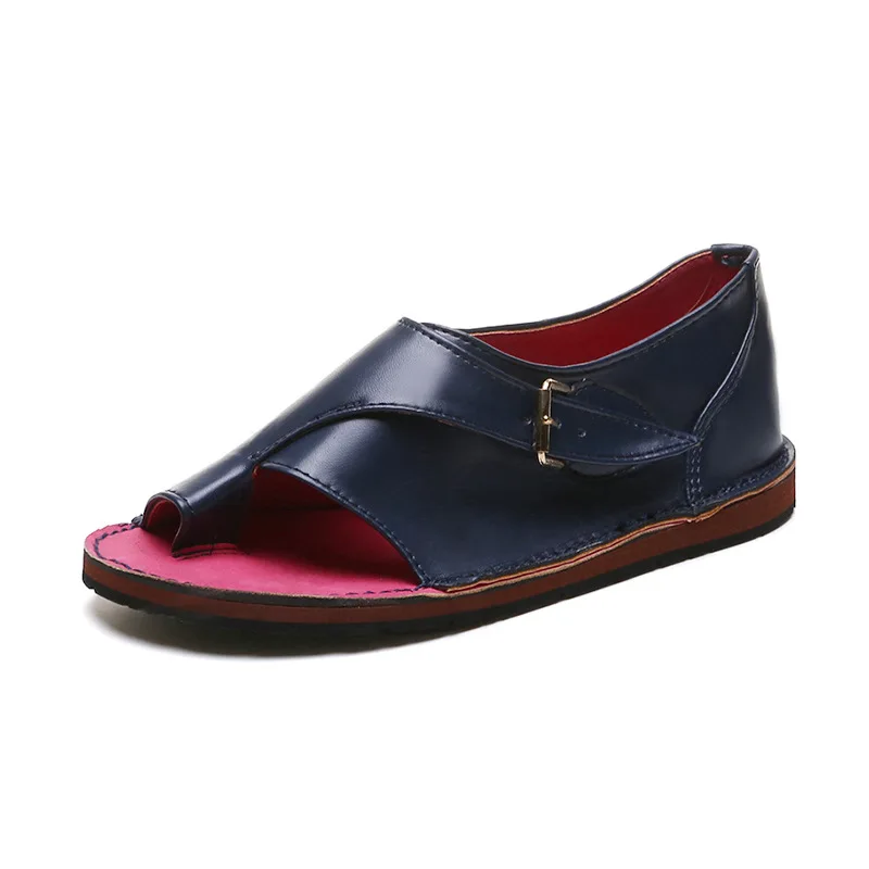 

2021 fashion women's sandals British Flip-toe solid color women's shoes buckle flat sandals large size shoes