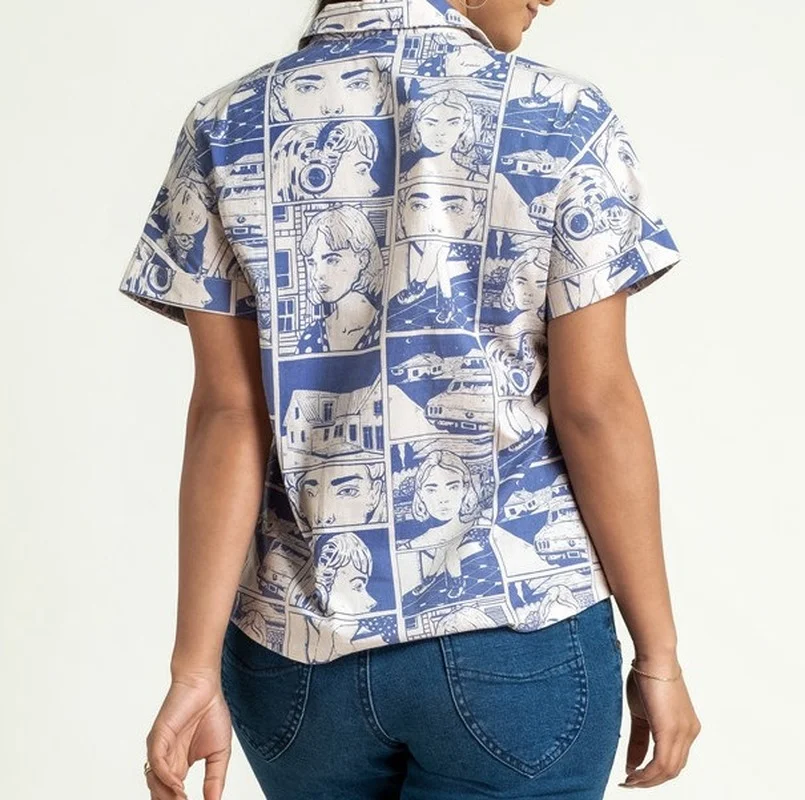 

Blue Animated Cartoon Print Fashion Women Shirt Original Brand Design Casual Short Sleeve Shirt Tops Summer Streetwear Plus Size