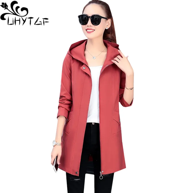 

UHYTGF Loose 4XL plus size coats female fashion hooded casual spring autumn trench coat for women Korean women tops Genuine 1476