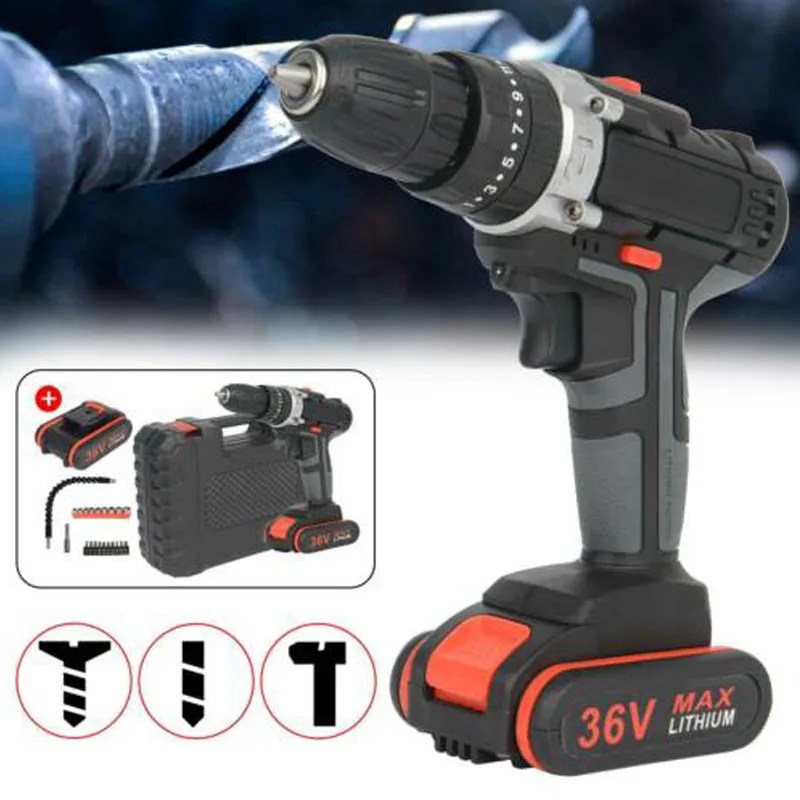 ROLKETU 36V 2Speed Cordless Hammer impact Rechargeable Multifunction Electric Drill Screwdriver With Lithium Battery Drills Tool