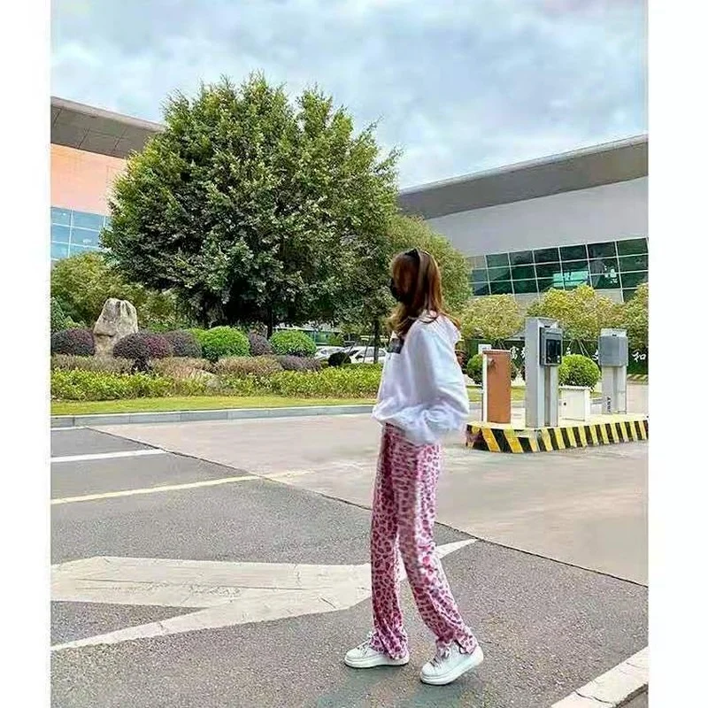 

women Harajuku Streetwear Leopard Wide Leg Pants Women Pink High Waisted Trousers Y2K Aesthetic Soft Girl 2021 Summer Design