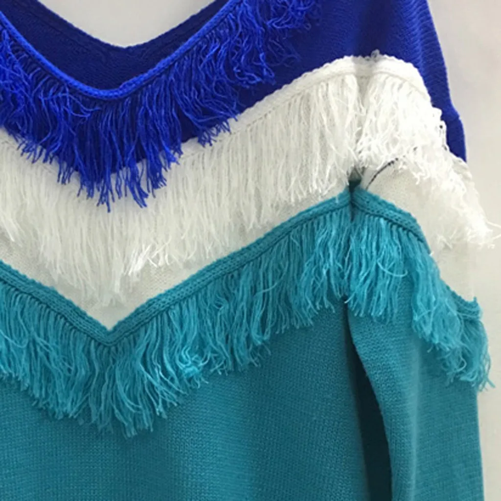 Sweater Dress Cable Knit Patchwork Fashion Women Deep V-Neck Tassels Color Block Loose Long Shirt Swearter Dresses | Женская одежда