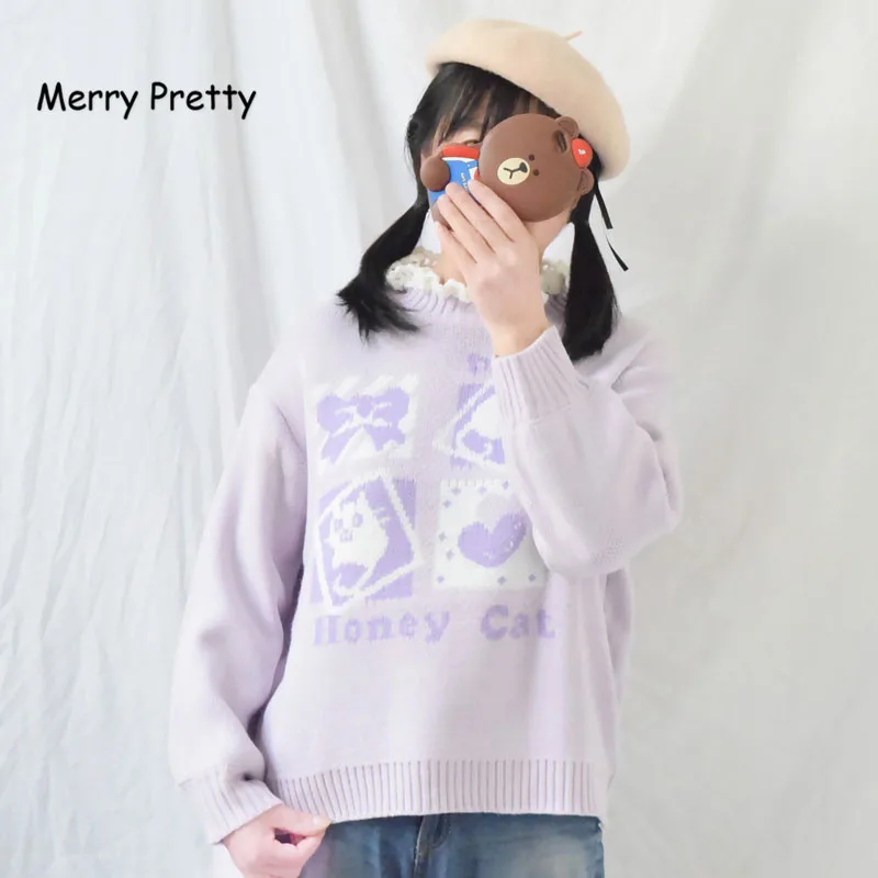 Merry Pretty Лавандовый жаккардовый свитер для женщин Зимний круглый гофрированный воротник пуловеры Harajuku вязаный толстый теплый сладкий свитер для девочек