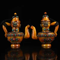 7tibet monastery collection old natural beeswax mosaic turquoise hidden pot flagon a pair teapot office ornaments exorcism