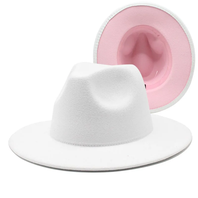 

Autumn Winter Felt Jazz Hat Women Wool Wedding Fedora Wide Brim Panama Hat Men White Pink Patchwork Church Top Cap chapeau femme