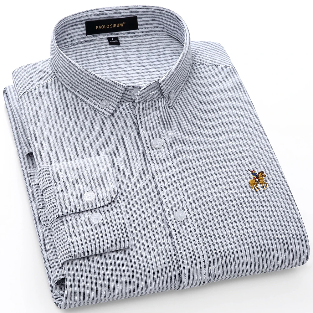 Casual Pure Cotton Oxford Striped Shirts For Men Long Sleeve Embroidery Logo Design Regular Fit Fashion Stylish images - 6