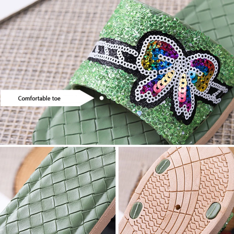 

2021 New Slippers Women Summer Bow Glitter Slippers Beach Soft Bottom Sandals Fashion Bling Female Flip Flops Diamond Flat Shoes