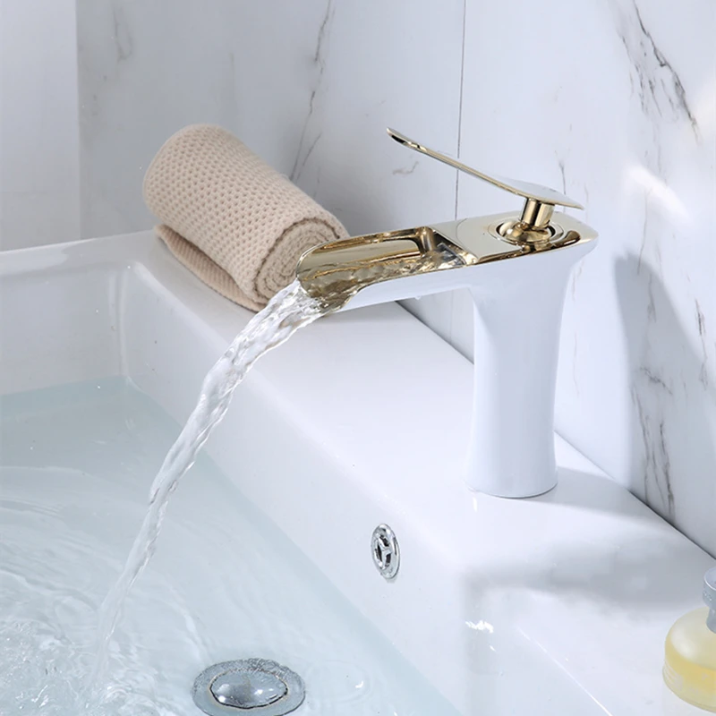 

Bathroom Faucets Waterfall All Copper Cold and Hot Washbasin Faucet Table Basin Single Hole Washbasin Platinum Antique Faucet