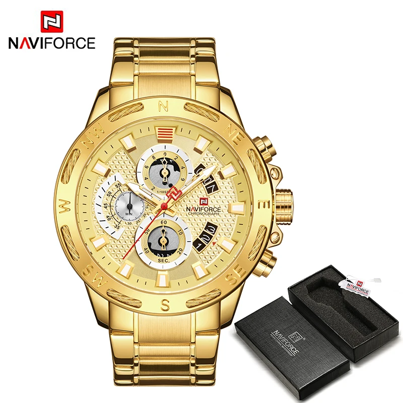 NAVIFORCE военные спортивные мужские часы, кварцевые часы с хронографом, Серебристый Стальной ремешок, водонепроницаемые Роскошные часы для мужчин, Relogio Masculio - Цвет: GG BOX