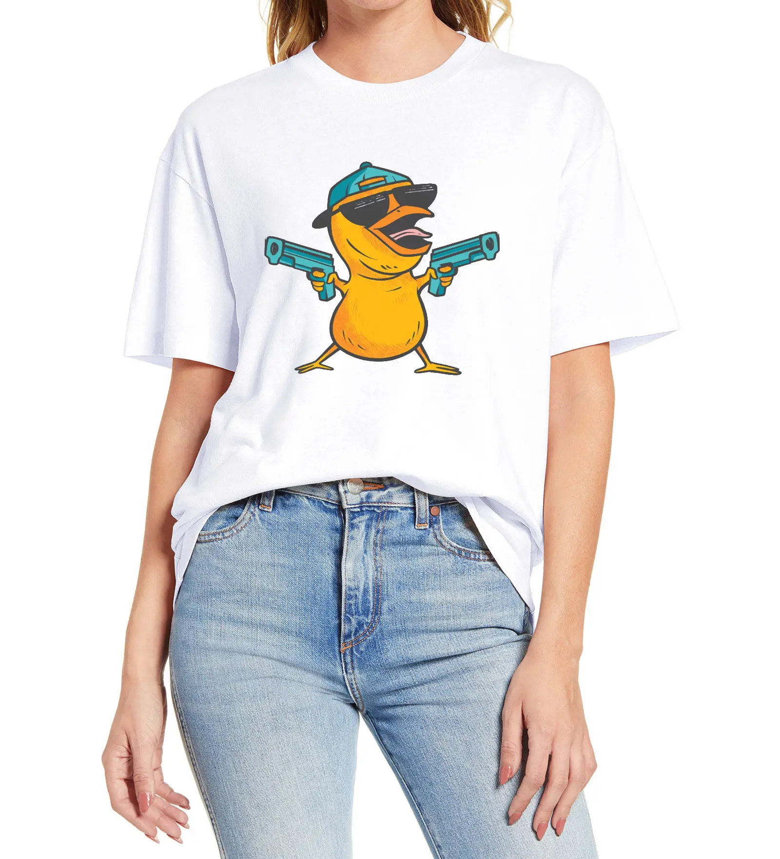 

Chick Cartoon With Guns Funny Women's T-Shirt Unisex T-Shirt Summer Vintage Female Short Sleeve T shirt Casual Cotton Tops Tee