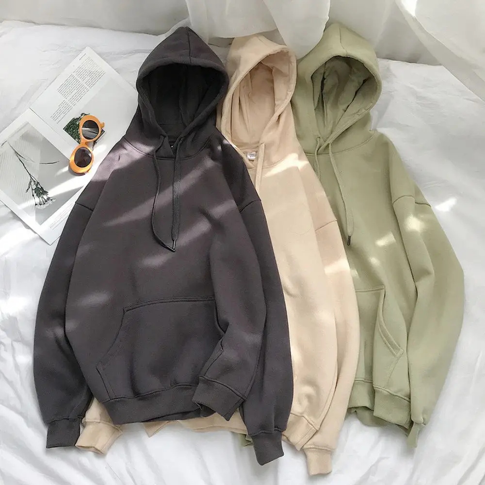 

New large size women's solid color jacket casual student loose couple hooded sweater female ins tide