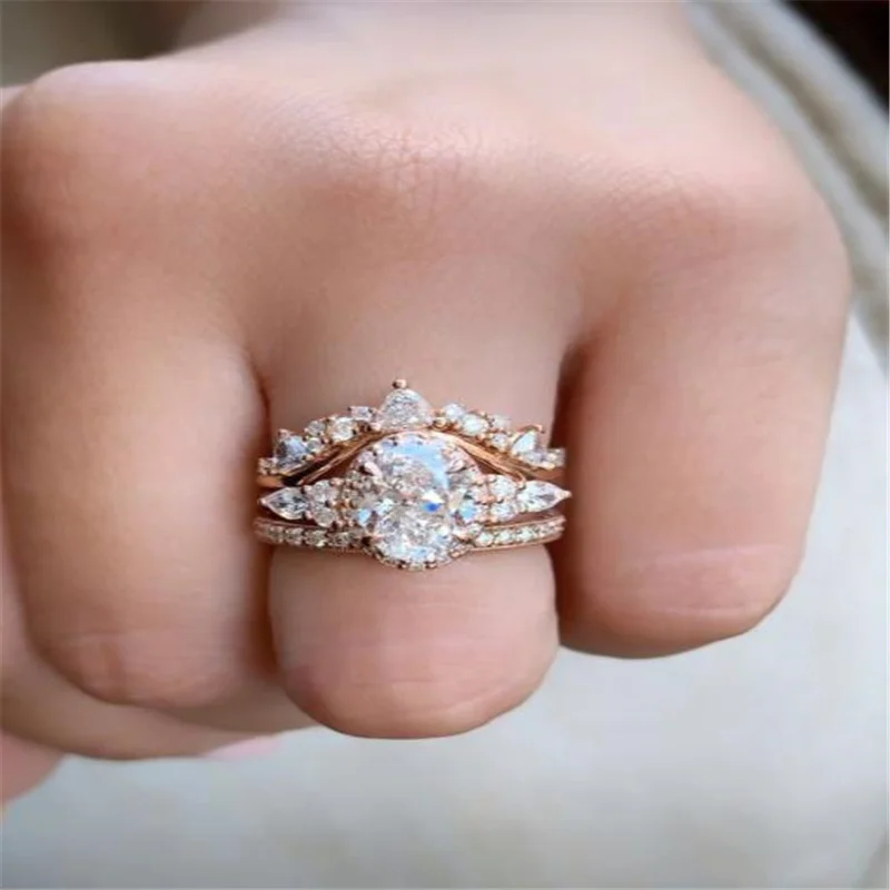 

3 PCS Fashion Cubic Zircon Crown Wedding Ring Set For Women Party Engagement Jewelry Copper Hand Accessories Size 5-11