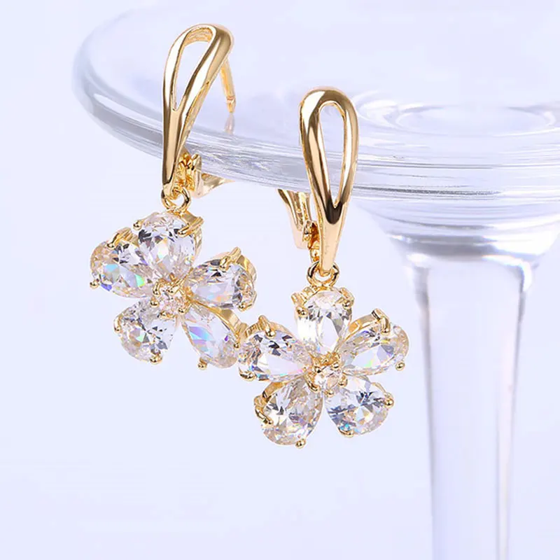 

HUAMI New 18K Plated Gold Drop Earings Flower Jewelry Two Color AAA Zircon Long-lasting Color Gift For Sister Bizuteria Damska