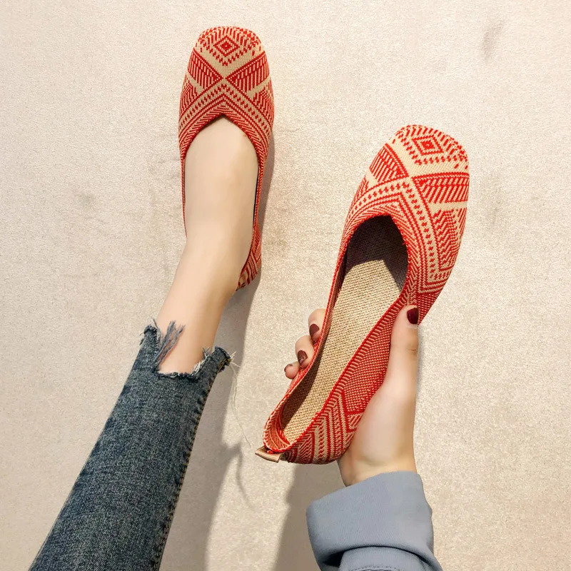 

2021spring and summer peas shoes women's square toe shallow mouth softbottom comfortableknitting fashioncolor matching all-match