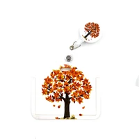 autumn fallen leaves cartoon cute credit card holder lanyard women men kid student badge reel id bus clip card badge holder
