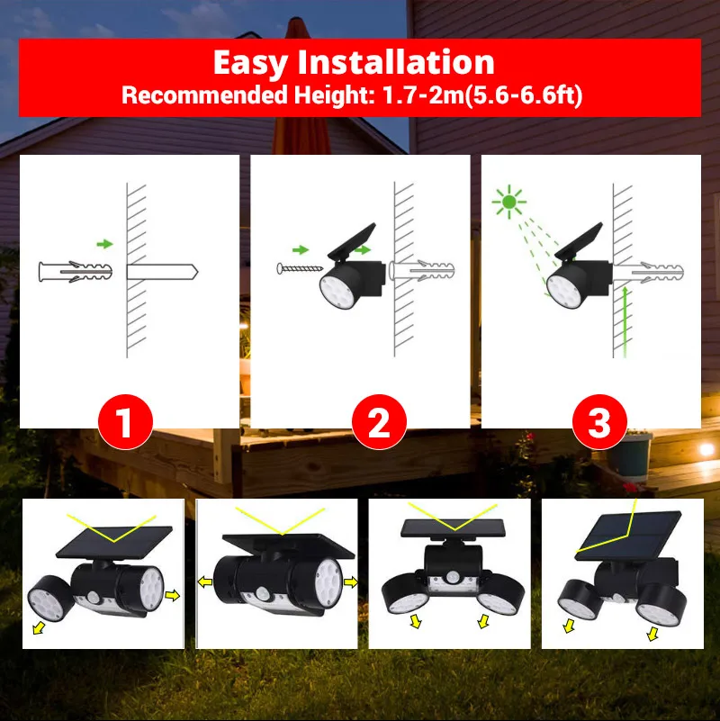 

30 LED Solar Light Dual Head Solar Lamp PIR Motion Sensor Spotlight Waterproof Outdoor Adjustable Angle Lights For Garden Wall