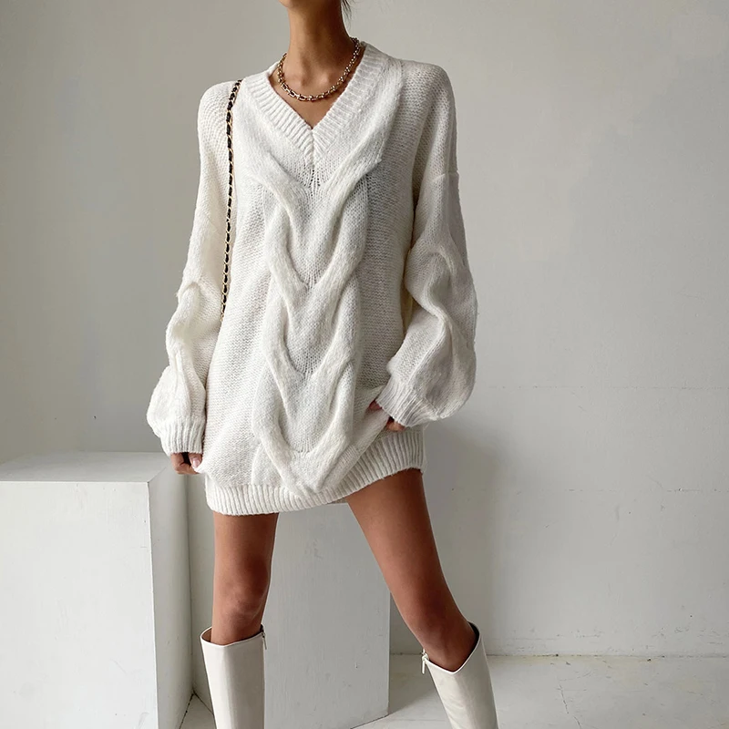 

Femotwin High Street Sweater Dress Lantern Sleeves Knitted Dress Women Loose Casual Dresses Female Solid Winter Mini Vestidos