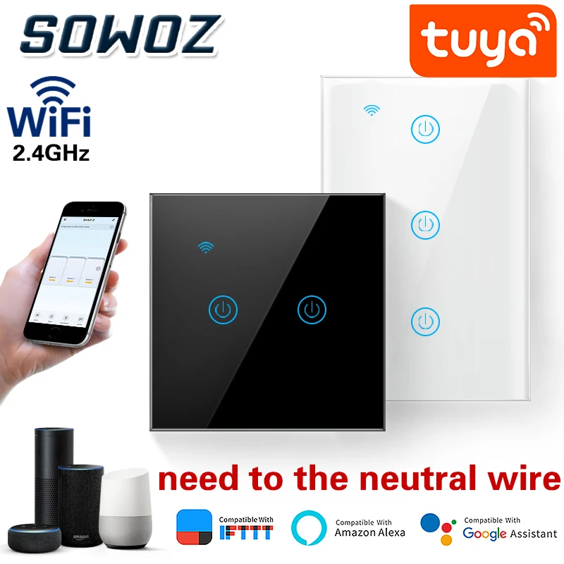 Tuya WiFi сенсорный выключатель Умный дом стандарт ЕС/США стеклянная панель