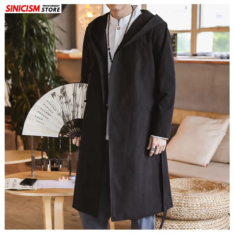 Sinicism Store мужской длинный Тренч с капюшоном и вышивкой 2020 Мужская свободная куртка