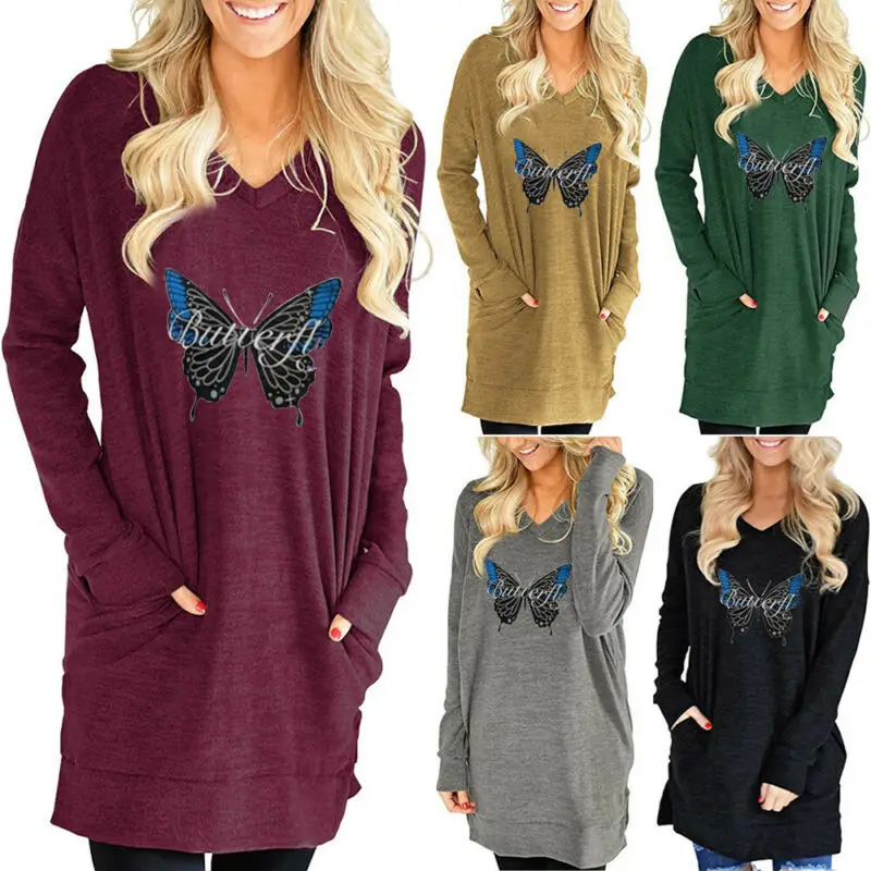 

Women Butterfly Print V Neck Long Sleeve Blouse T-Shirt Dress Loose Pullover Top