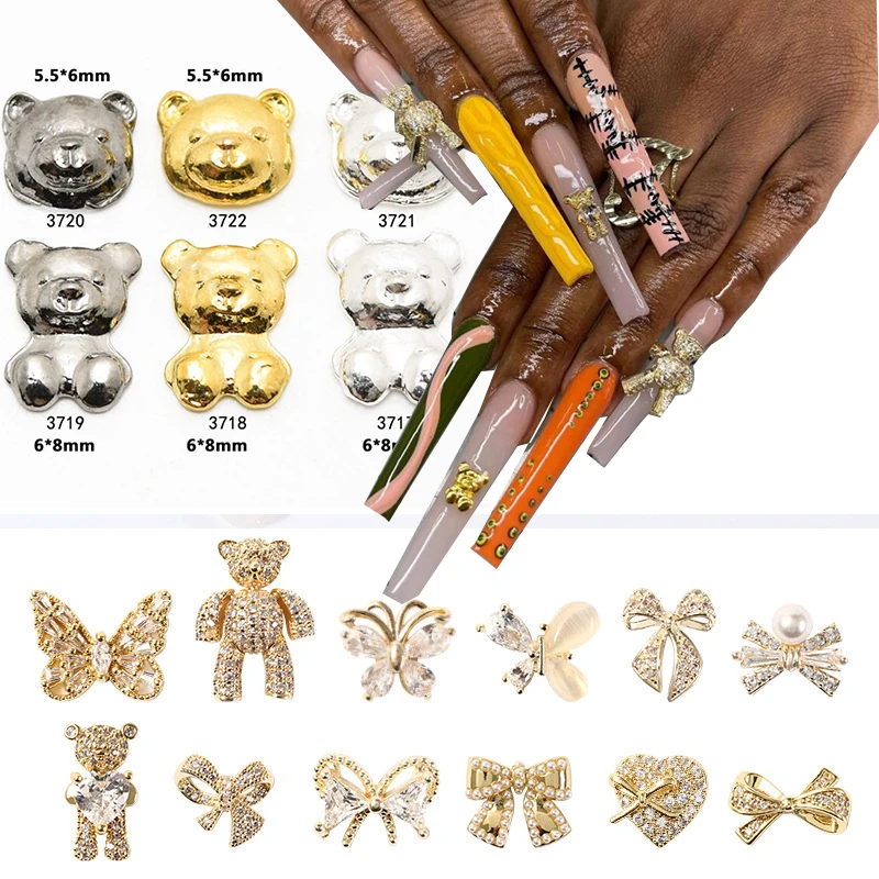 

Mixed 3D Cute Alloy Bear with Crystal Heart Shiny Nail Art Decorations Gold Silver Metal Nail Jewelry charm Manicure Accessories