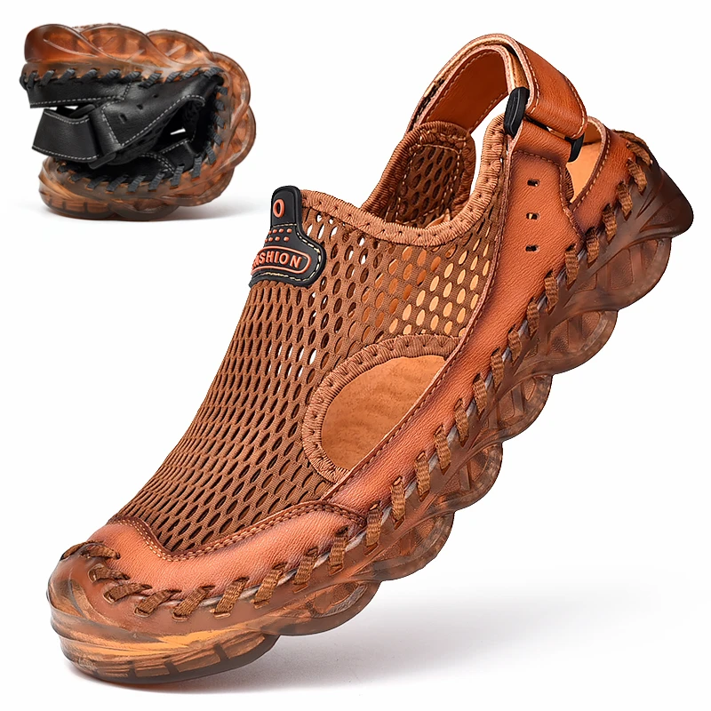 Сандалии мужские из бычьей кожи и сетчатого материала мягкие повседневные