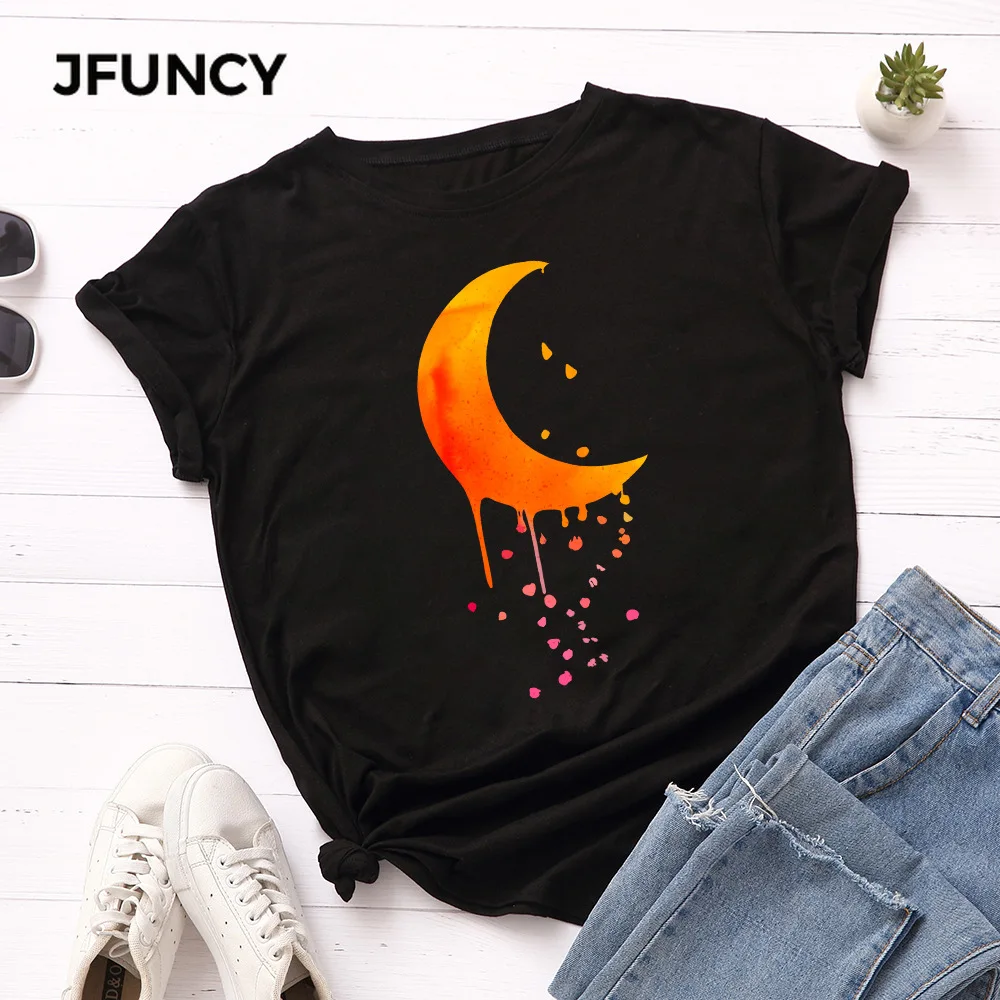 JFUNCY  Moon Print Women T-shirt 100% Cotton Tshirt Summer Tees Tops O Neck Short Sleeve Woman T Shirt Female Shirts