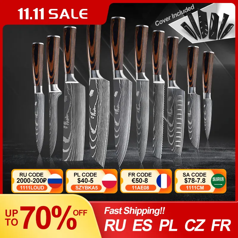 

Kitchen Knives Stainless Steel 1-10PCS Set 7CR17 440C Laser Damascus Japanese Santoku Cleaver Slicing Utility Chef Knife