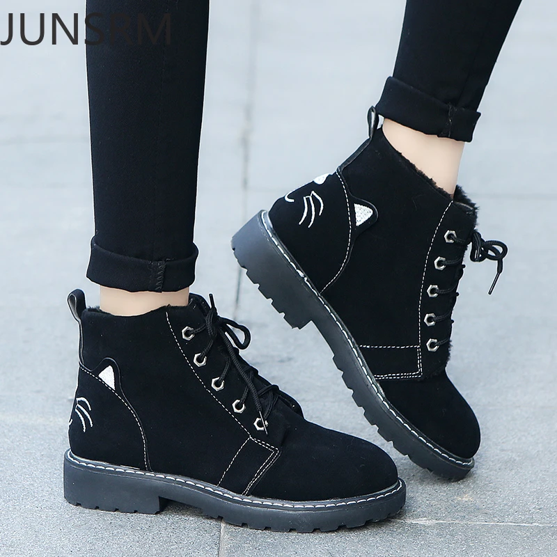 

Теплые плюшевые зимние Ботинки, Ботильоны на толстой средней подошве и каблуке с круглым носком, женская обувь, женские ботинки со шнуровко...