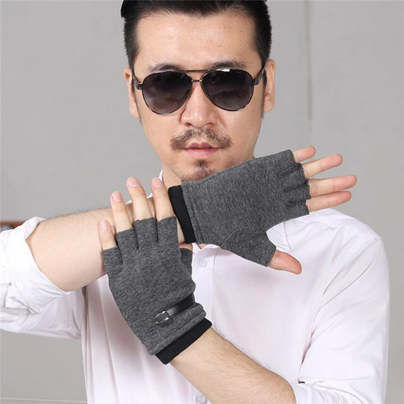 

Перчатки мужские без пальцев, замшевые эластичные митенки с открытыми пальцами, для вождения, мягкие зимние теплые, черные, серые