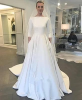34 long sleeve a line soft satin wedding dress simple bridal gowns fall court train white bride dresses back button