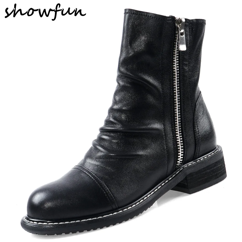

Women's genuine leather pleated flats ankle boots side zip round toe female short booties high quality autumn martin boots shoes