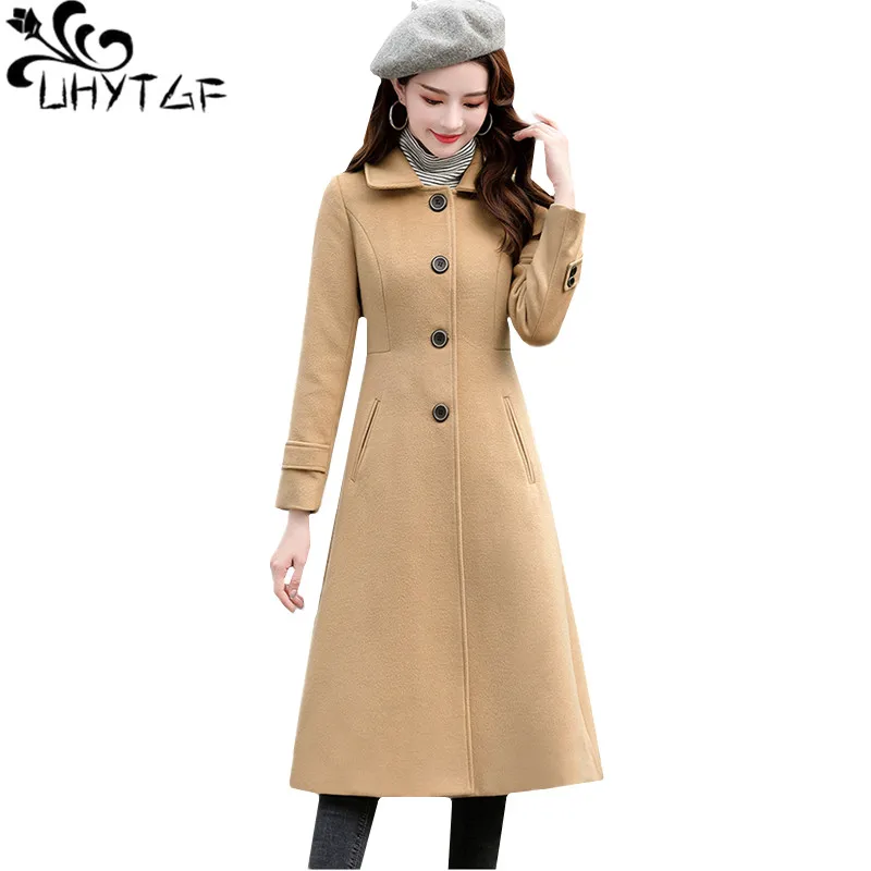 

UHYTGFWomen winter jacket new quality autumn wool coat Single-breasted slim long coat solid color wild plus size tops jacket 947