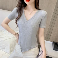 ljsxls 2021 asymmetrical womens t shirt summer short sleeve v neck tshirts slim cotton top female korean fashion woman clothes