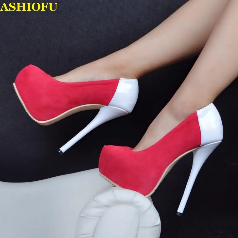 ASHIOFU Handmade Ladies High Heel Pumps Faux-suede Leather Party Dress Slip-on Shoes Round-toe Platform Evening Fashion Shoes