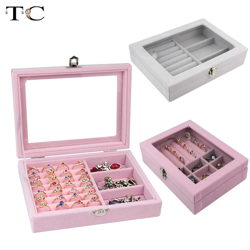 

Velvet Glass Ring Earring Box Jewelry Display Organizer Necklace Box Tray Holder Storage Case Joyeros Organizador De Joyas