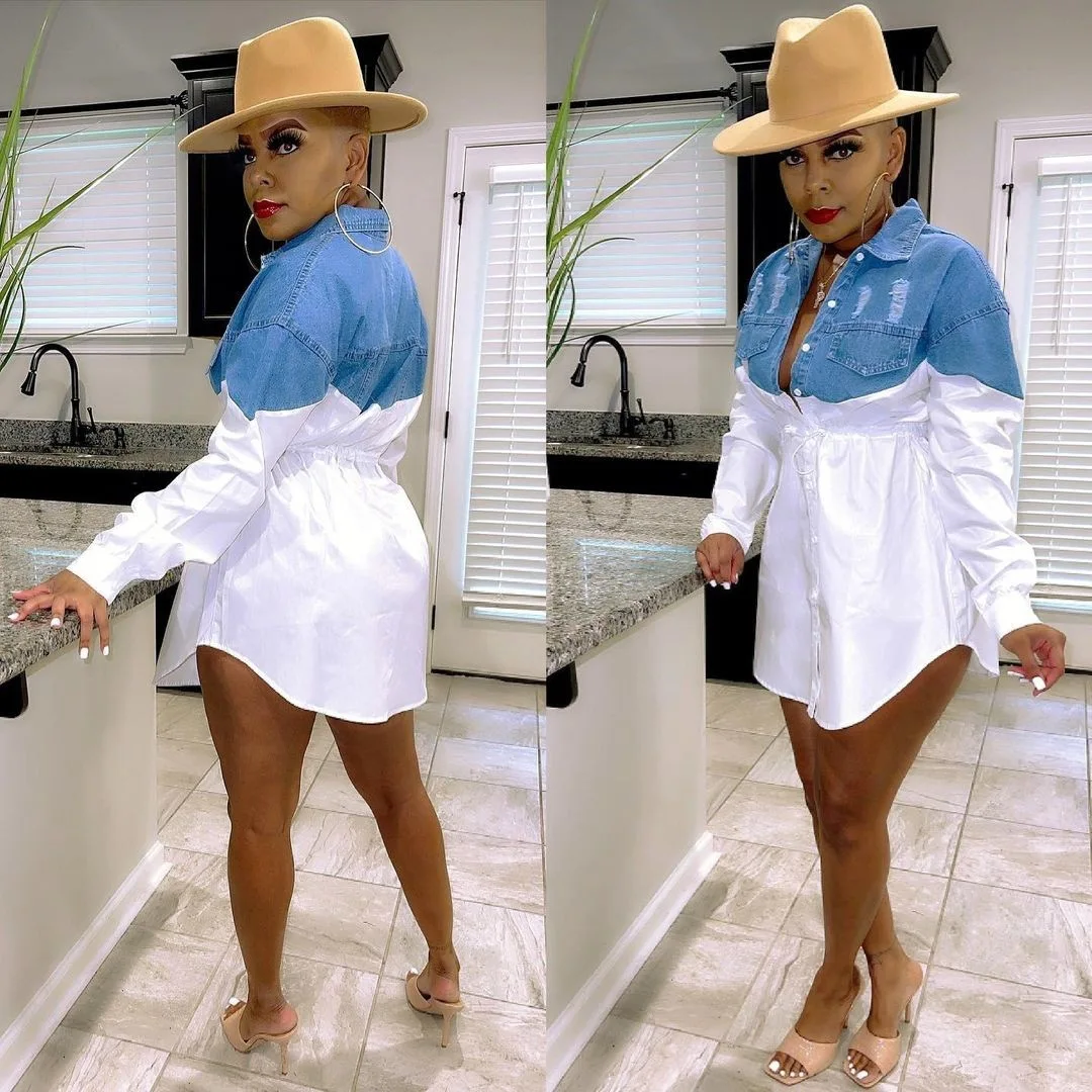 

2021 Autumn Midi Dress Women Vintage Denim Dress Lapel Long Sleeve Irregular Hem Jeans Shirts Long Top Vestidos