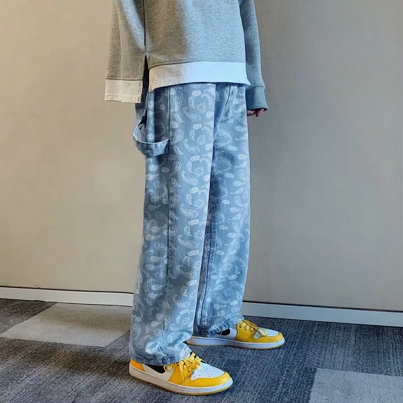 

2021 New Flower Black Jeans Men's Straight Tube Loose Spring and Autumn Summer Korean Fashion Men's Baggy Pants Denim Trousers