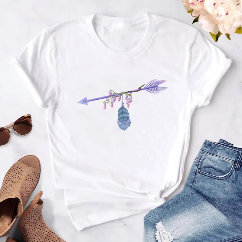 

Tops Women Summer Short Sleeve Arrow Feather Graphic T-shirt Casual O-neck White Basic Tee Shirt Kawaii Clothes Female Tshirt